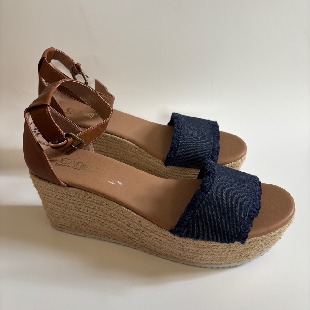 Brash Denim Blue and Tan Espadrille Wedges (NWOT)